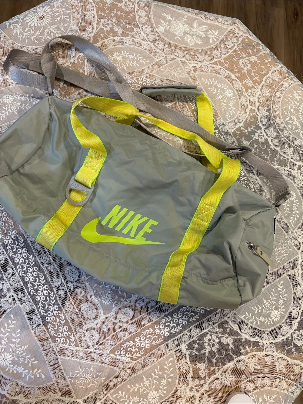 Nike Grey Duffel Bag with Neon Yellow Accents